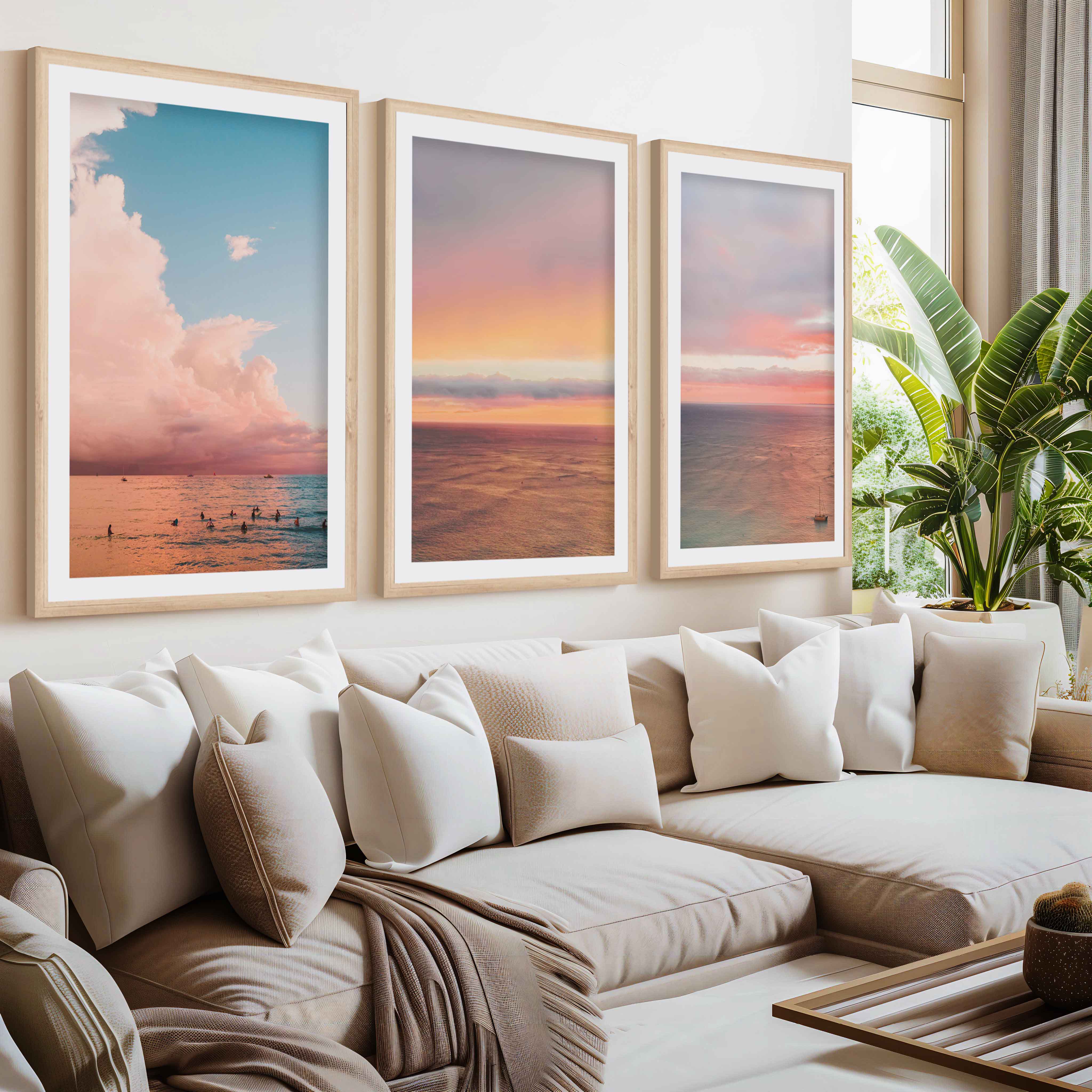 Nautical Art Decor – Sailboat, Pink Sunset & Ocean Calm (Set of 3)- Natural Wood Framed Poster with White Border - Artworksets