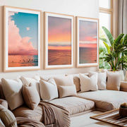 Nautical Art Decor – Sailboat, Pink Sunset & Ocean Calm (Set of 3)- Natural Wood Framed Poster with White Border - Artworksets