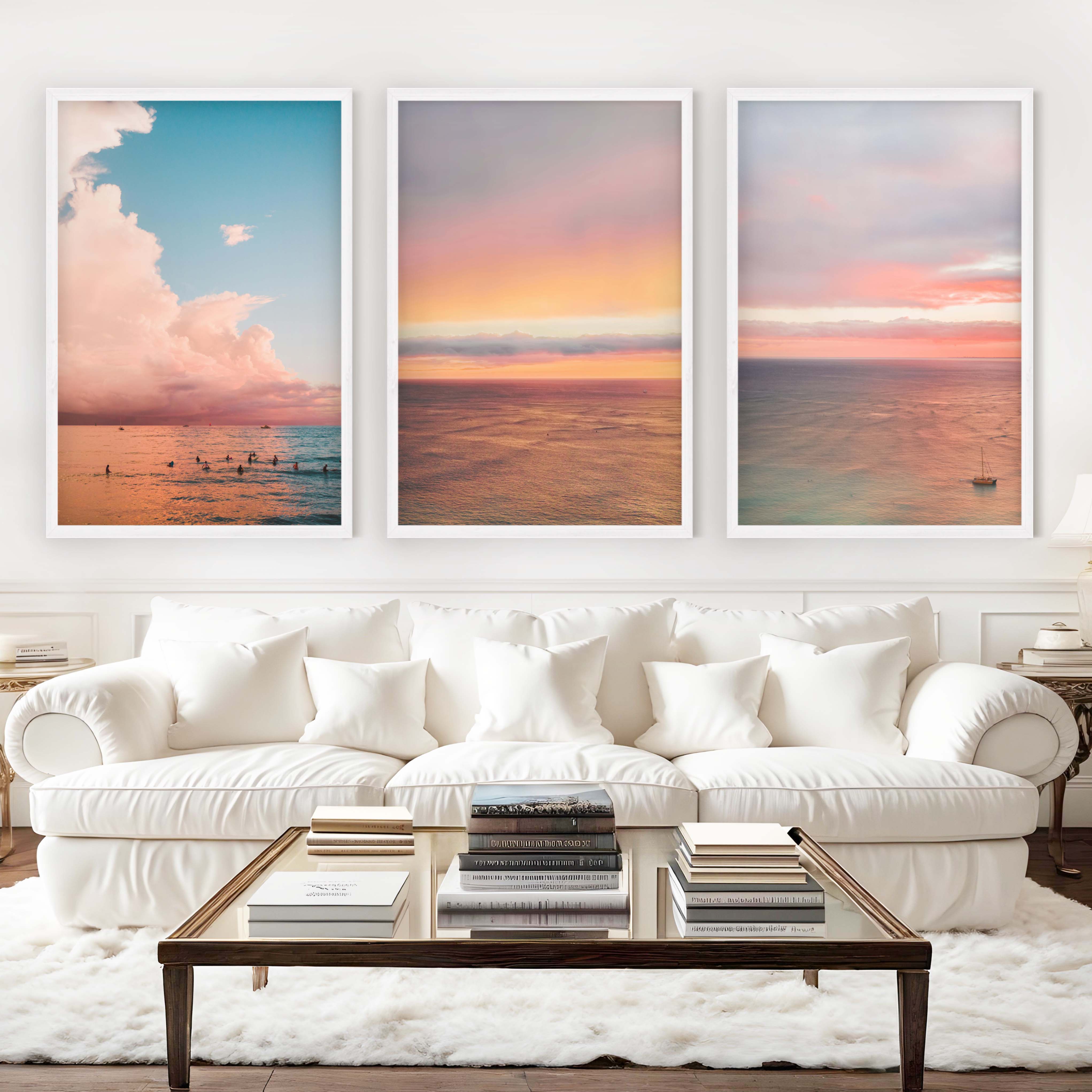 Nautical Art Decor – Sailboat, Pink Sunset & Ocean Calm (Set of 3) - White Framed Poster No Border - Artworksets