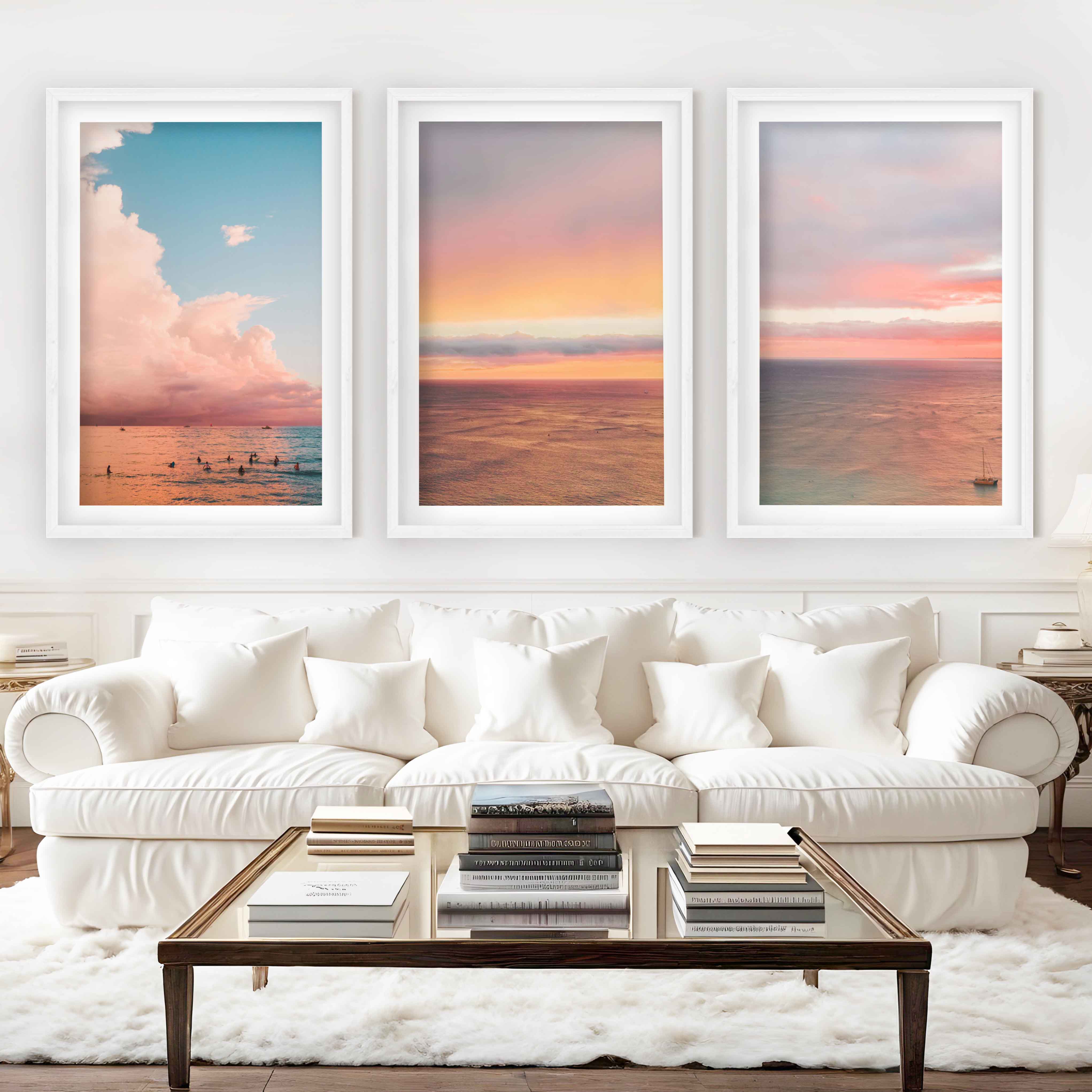 Nautical Art Decor – Sailboat, Pink Sunset & Ocean Calm (Set of 3) - White Framed Poster with White Border - Artworksets