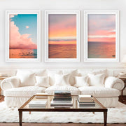 Nautical Art Decor – Sailboat, Pink Sunset & Ocean Calm (Set of 3) - White Framed Poster with White Border - Artworksets