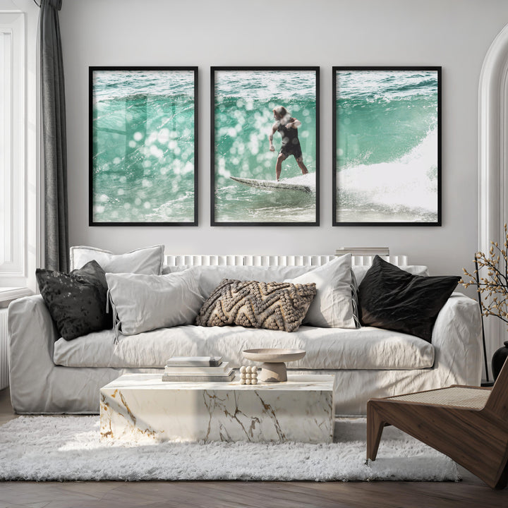 Surfer on Aqua Wave Nautical Art Decor - Black Framed Poster No Border - Artworksets