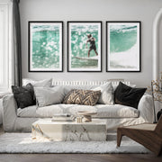 Surfer on Aqua Wave Nautical Art Decor - Black Framed Poster with White Border - Artworksets