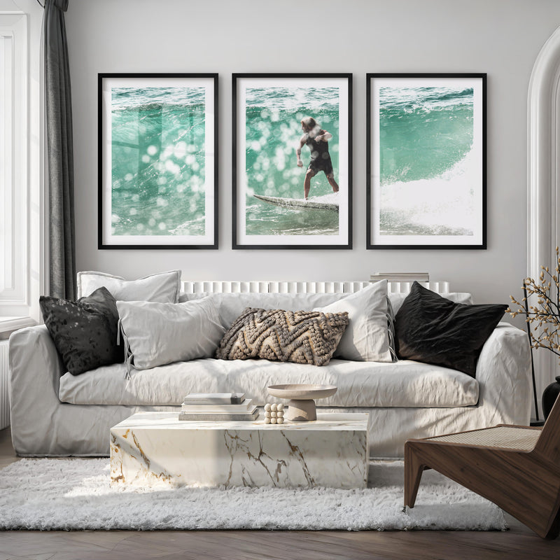 Surfer on Aqua Wave Nautical Art Decor - Black Framed Poster with White Border - Artworksets