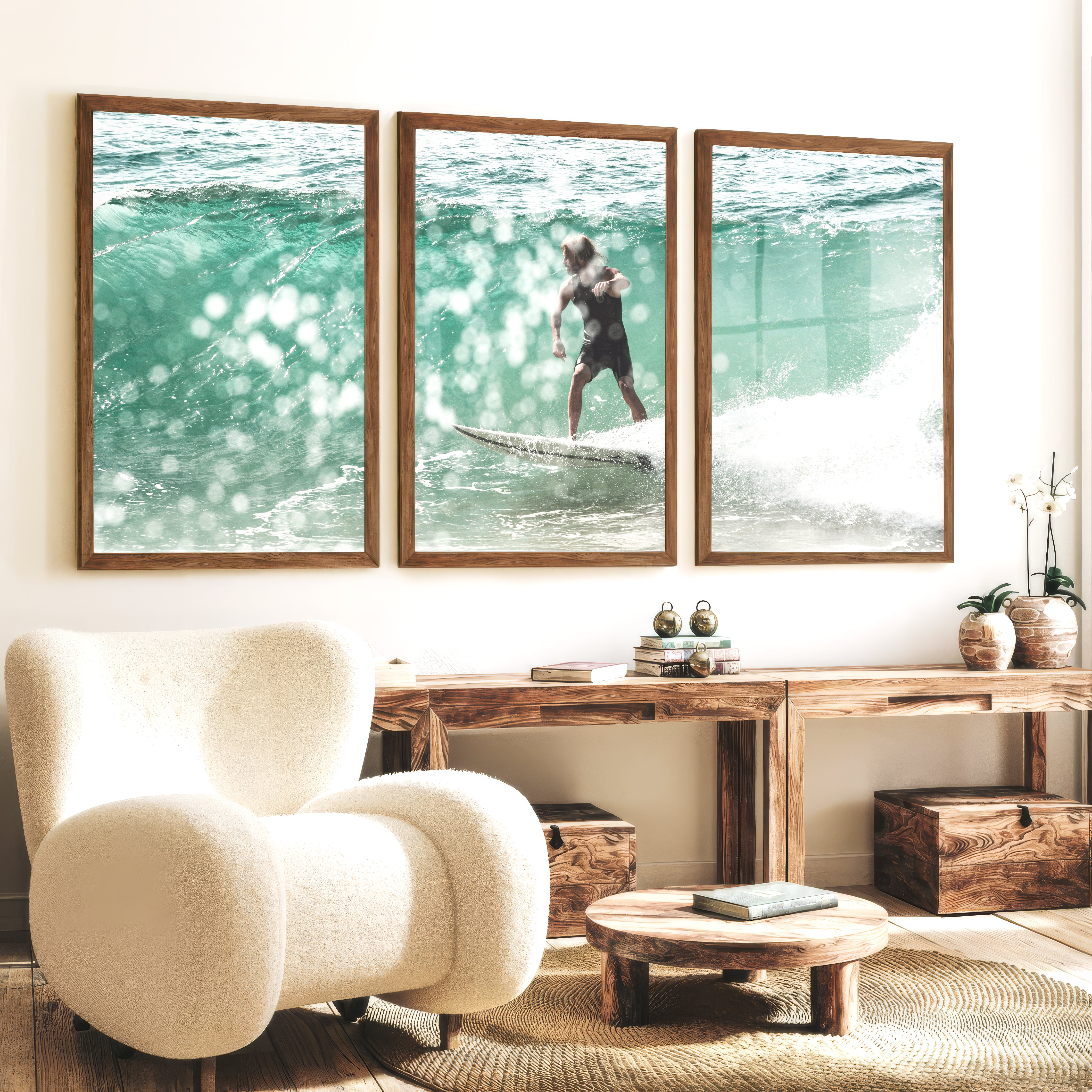 Surfer on Aqua Wave Nautical Art Decor - Dark Brown Framed Poster No Border - Artworksets