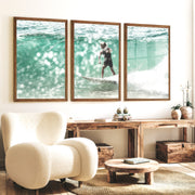 Surfer on Aqua Wave Nautical Art Decor - Dark Brown Framed Poster No Border - Artworksets