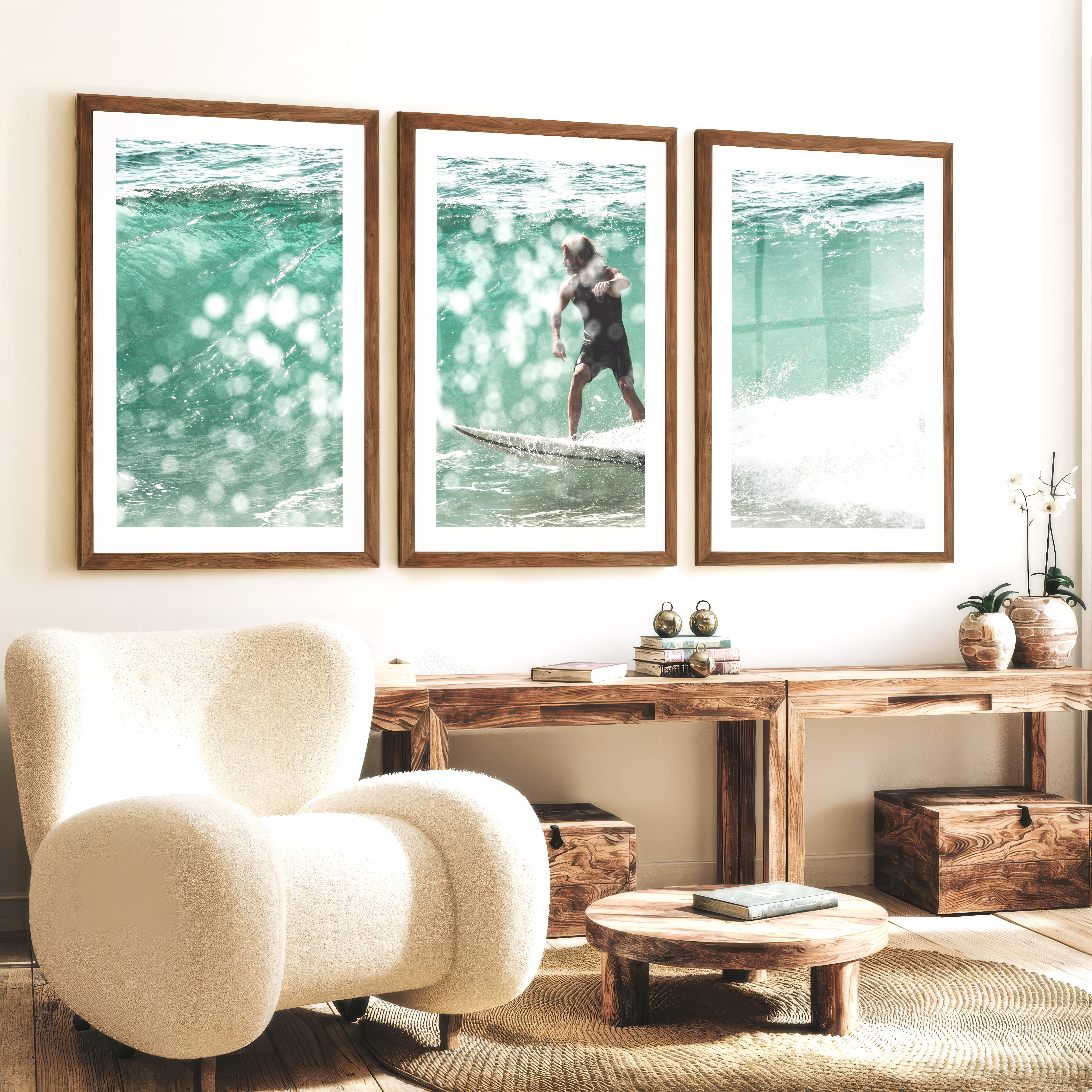 Surfer on Aqua Wave Nautical Art Decor - Dark Brown Framed Poster with White Border - Artworksets