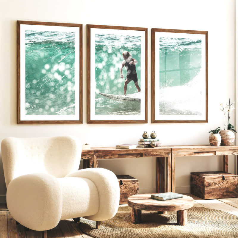 Surfer on Aqua Wave Nautical Art Decor - Dark Brown Framed Poster with White Border - Artworksets