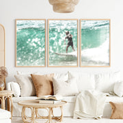 Surfer on Aqua Wave Nautical Art Decor - Natural Wood Framed Poster No Border - Artworksets