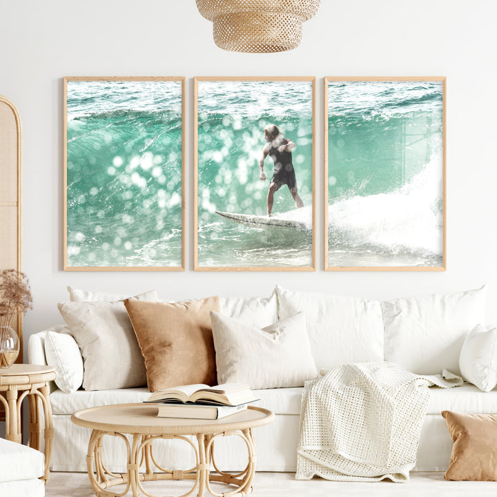 Surfer on Aqua Wave Nautical Art Decor - Natural Wood Framed Poster No Border - Artworksets