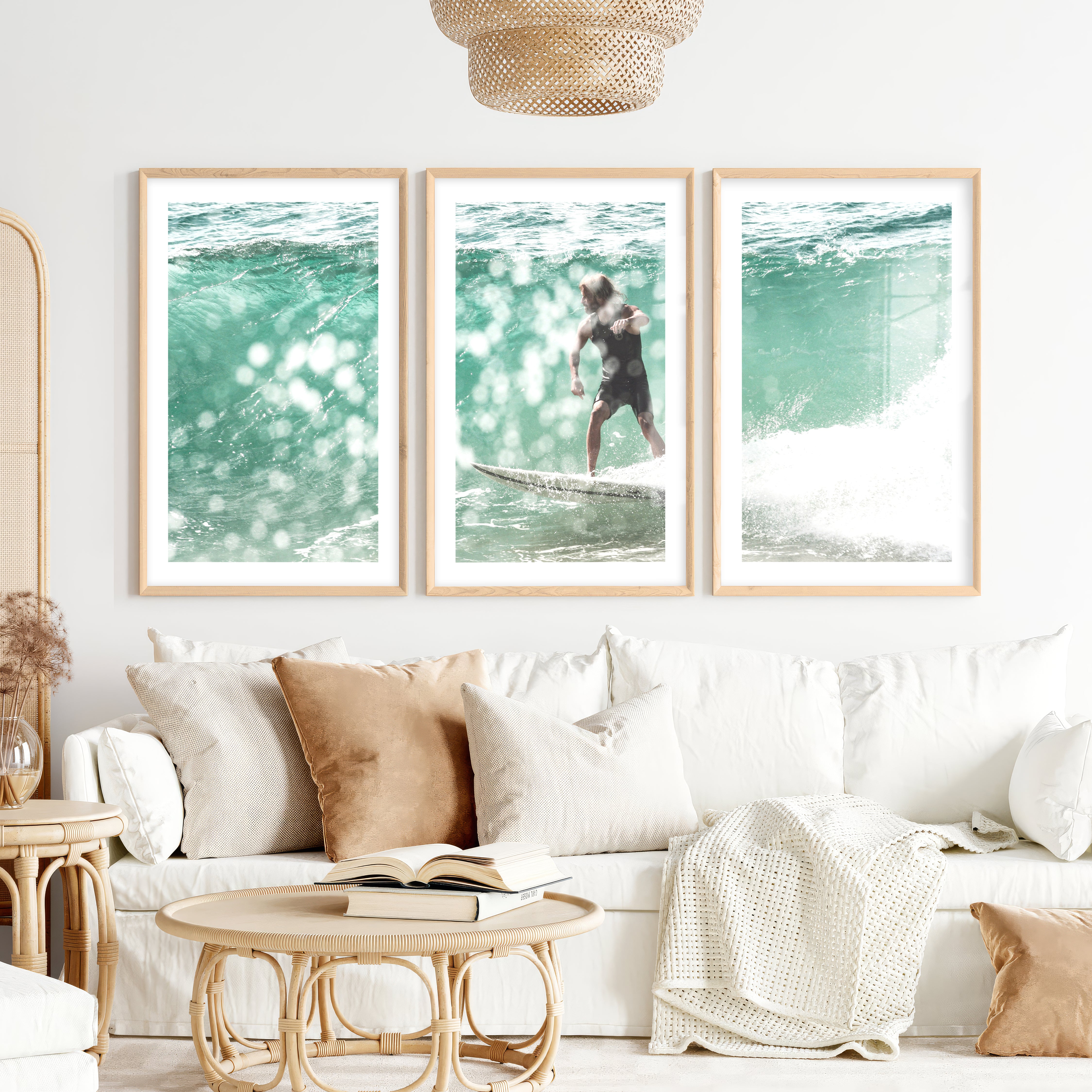 Surfer on Aqua Wave Nautical Art Decor- Natural Wood Framed Poster with White Border - Artworksets