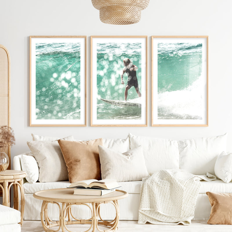 Surfer on Aqua Wave Nautical Art Decor- Natural Wood Framed Poster with White Border - Artworksets