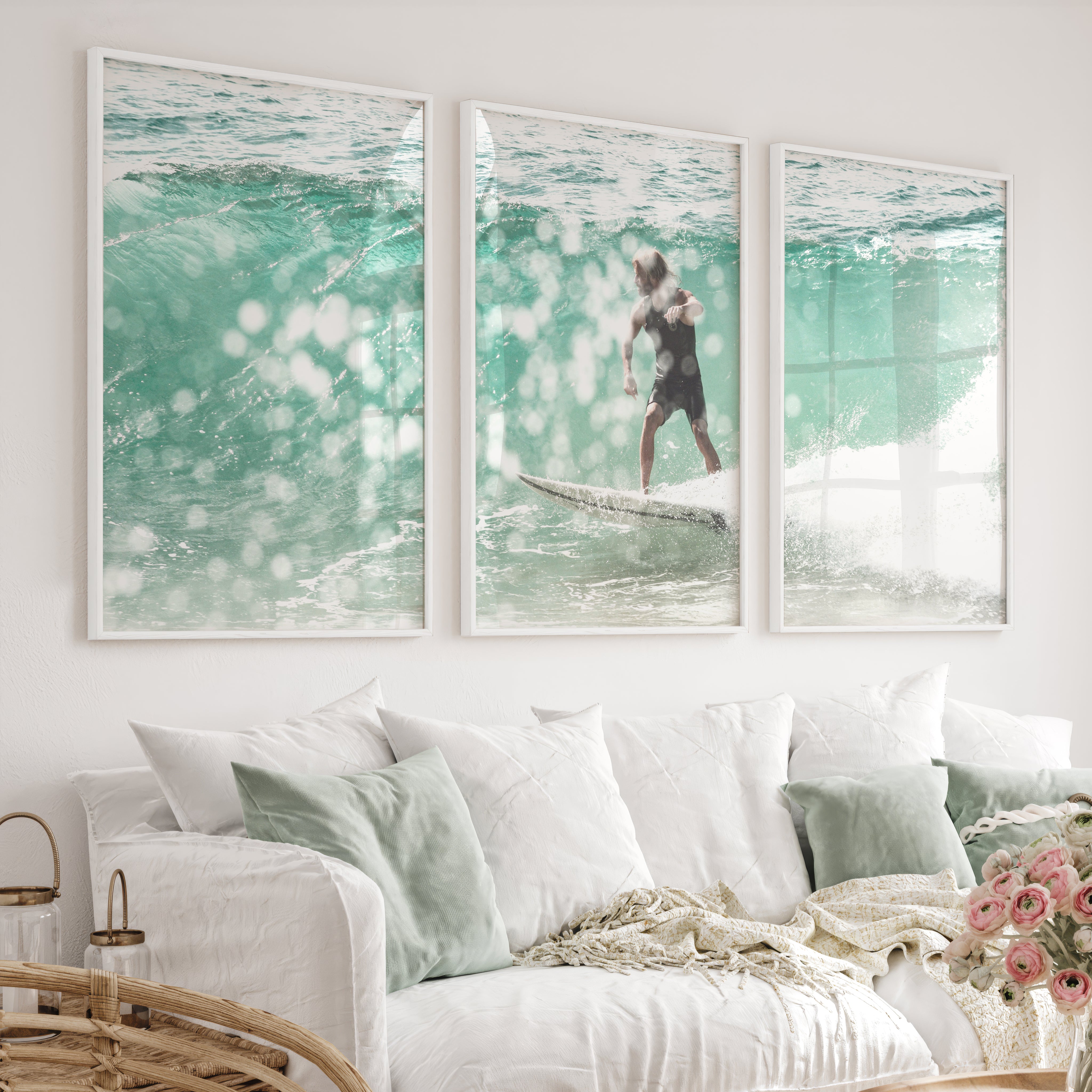 Surfer on Aqua Wave Nautical Art Decor - White Framed Poster No Border - Artworksets
