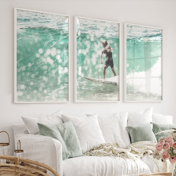 Surfer on Aqua Wave Nautical Art Decor - White Framed Poster No Border - Artworksets