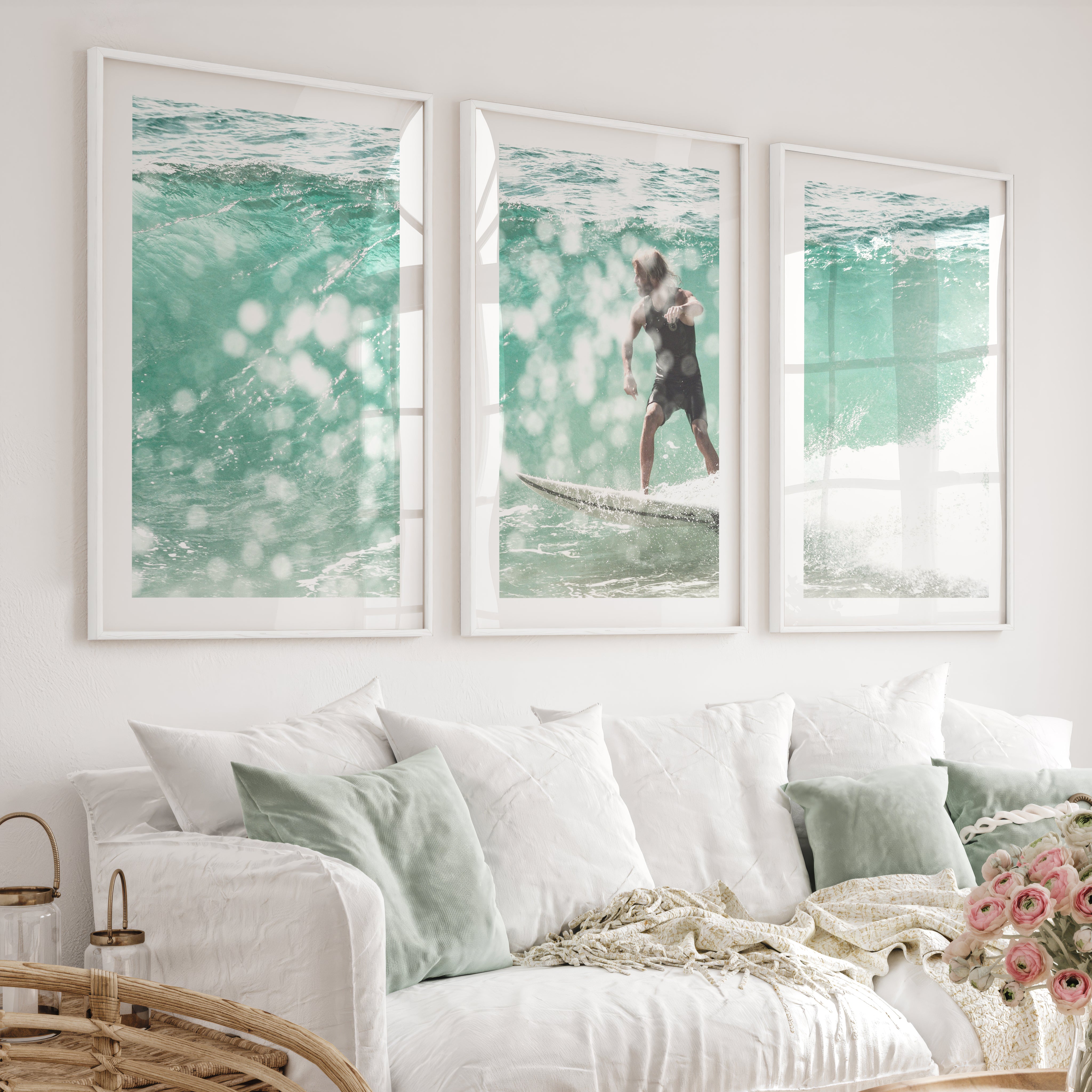 Surfer on Aqua Wave Nautical Art Decor - White Framed Poster with White Border - Artworksets