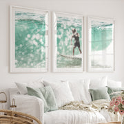 Surfer on Aqua Wave Nautical Art Decor - White Framed Poster with White Border - Artworksets