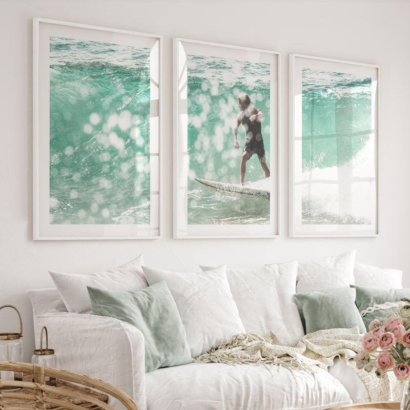 Surfer on Aqua Wave Nautical Art Decor - White Framed Poster with White Border - Artworksets