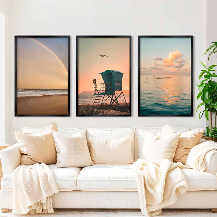 Nautical Artwork for Wall – Boat, Lifeguard Tower & Rainbow Beach (Set of 3) - Black Framed Poster No Border - Artworksets