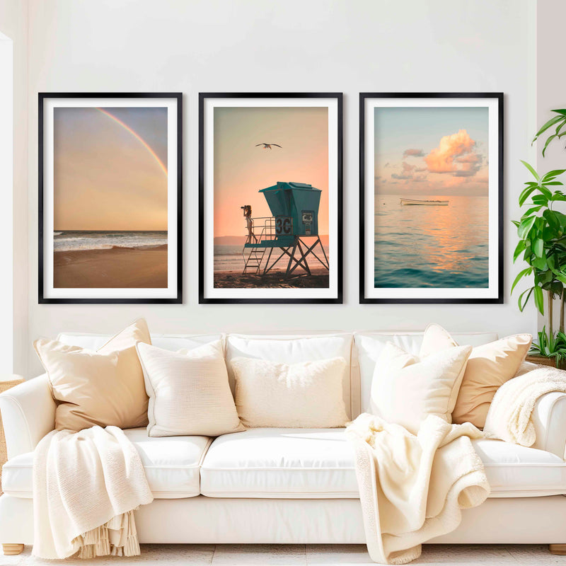 Nautical Artwork for Wall – Boat, Lifeguard Tower & Rainbow Beach (Set of 3) - Black Framed Poster with White Border - Artworksets