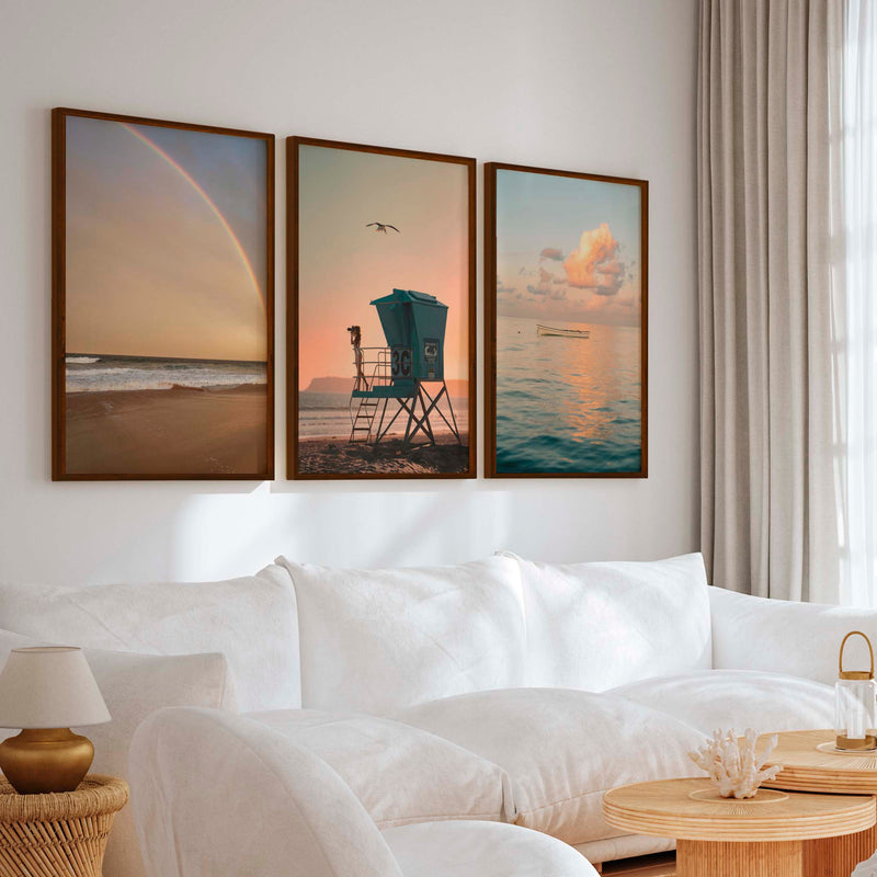 Nautical Artwork for Wall – Boat, Lifeguard Tower & Rainbow Beach (Set of 3) - Dark Brown Framed Poster No Border - Artworksets