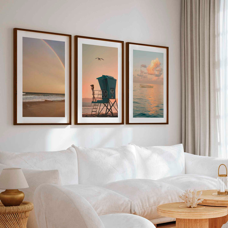 Nautical Artwork for Wall – Boat, Lifeguard Tower & Rainbow Beach (Set of 3) - Dark Brown Framed Poster with White Border - Artworksets