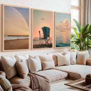 Nautical Artwork for Wall – Boat, Lifeguard Tower & Rainbow Beach (Set of 3) - Natural Wood Framed Poster No Border - Artworksets