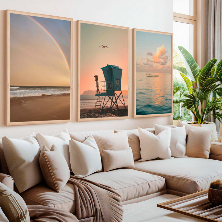 Nautical Artwork for Wall – Boat, Lifeguard Tower & Rainbow Beach (Set of 3) - Natural Wood Framed Poster No Border - Artworksets