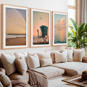 Nautical Artwork for Wall – Boat, Lifeguard Tower & Rainbow Beach (Set of 3)- Natural Wood Framed Poster with White Border - Artworksets