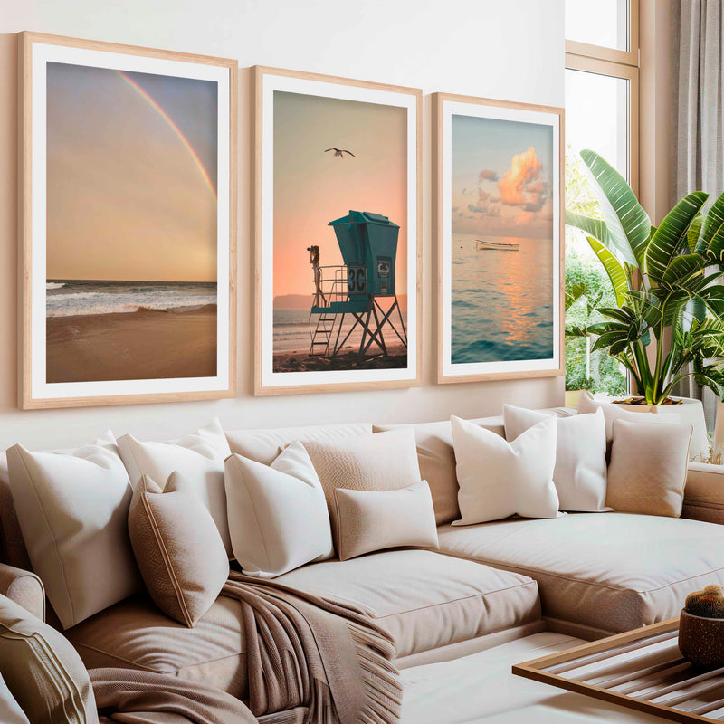 Nautical Artwork for Wall – Boat, Lifeguard Tower & Rainbow Beach (Set of 3)- Natural Wood Framed Poster with White Border - Artworksets