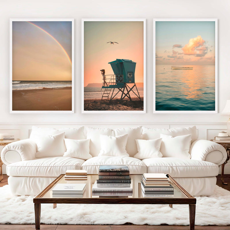 Nautical Artwork for Wall – Boat, Lifeguard Tower & Rainbow Beach (Set of 3) - White Framed Poster No Border - Artworksets