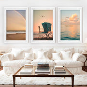 Nautical Artwork for Wall – Boat, Lifeguard Tower & Rainbow Beach (Set of 3) - White Framed Poster with White Border - Artworksets