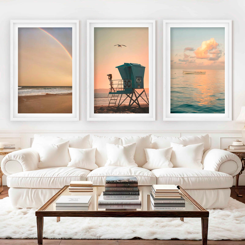 Nautical Artwork for Wall – Boat, Lifeguard Tower & Rainbow Beach (Set of 3) - White Framed Poster with White Border - Artworksets