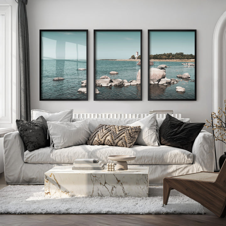 Lighthouse Shore nautical artwork for wall with Coastal Rocks - Black Framed Poster No Border - Artworksets