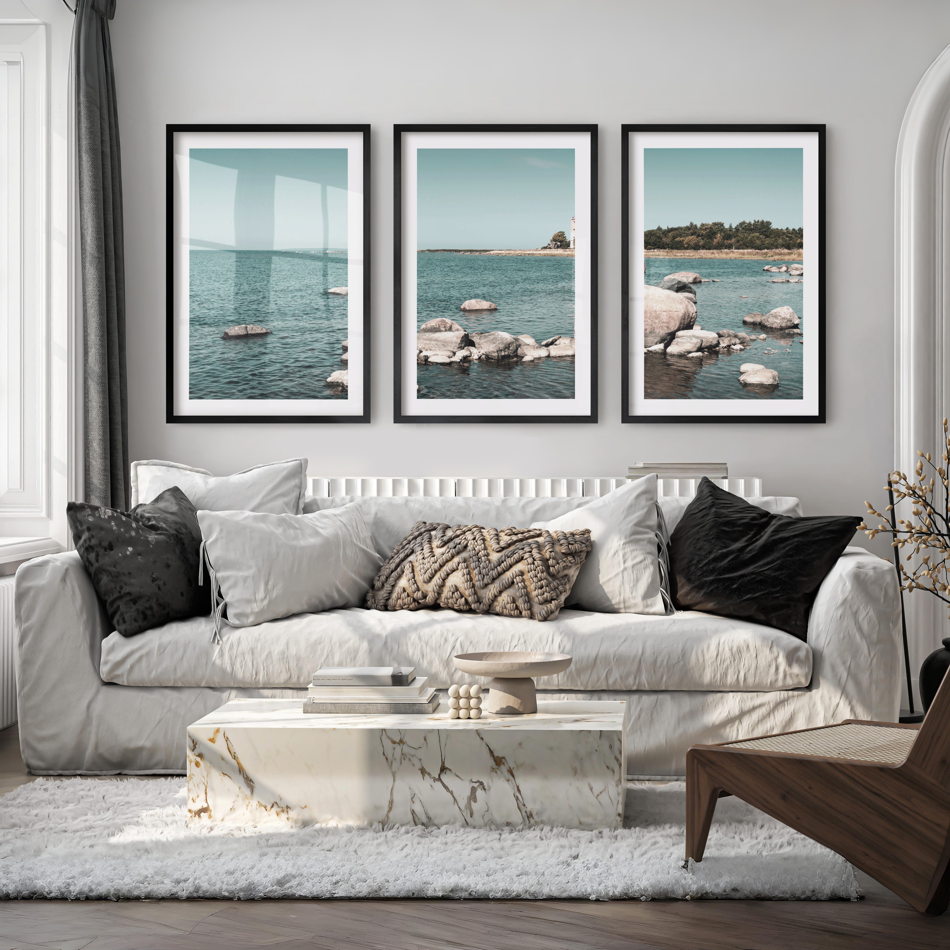 Lighthouse Shore nautical artwork for wall with Coastal Rocks - Black Framed Poster with White Border - Artworksets