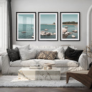 Lighthouse Shore nautical artwork for wall with Coastal Rocks - Black Framed Poster with White Border - Artworksets