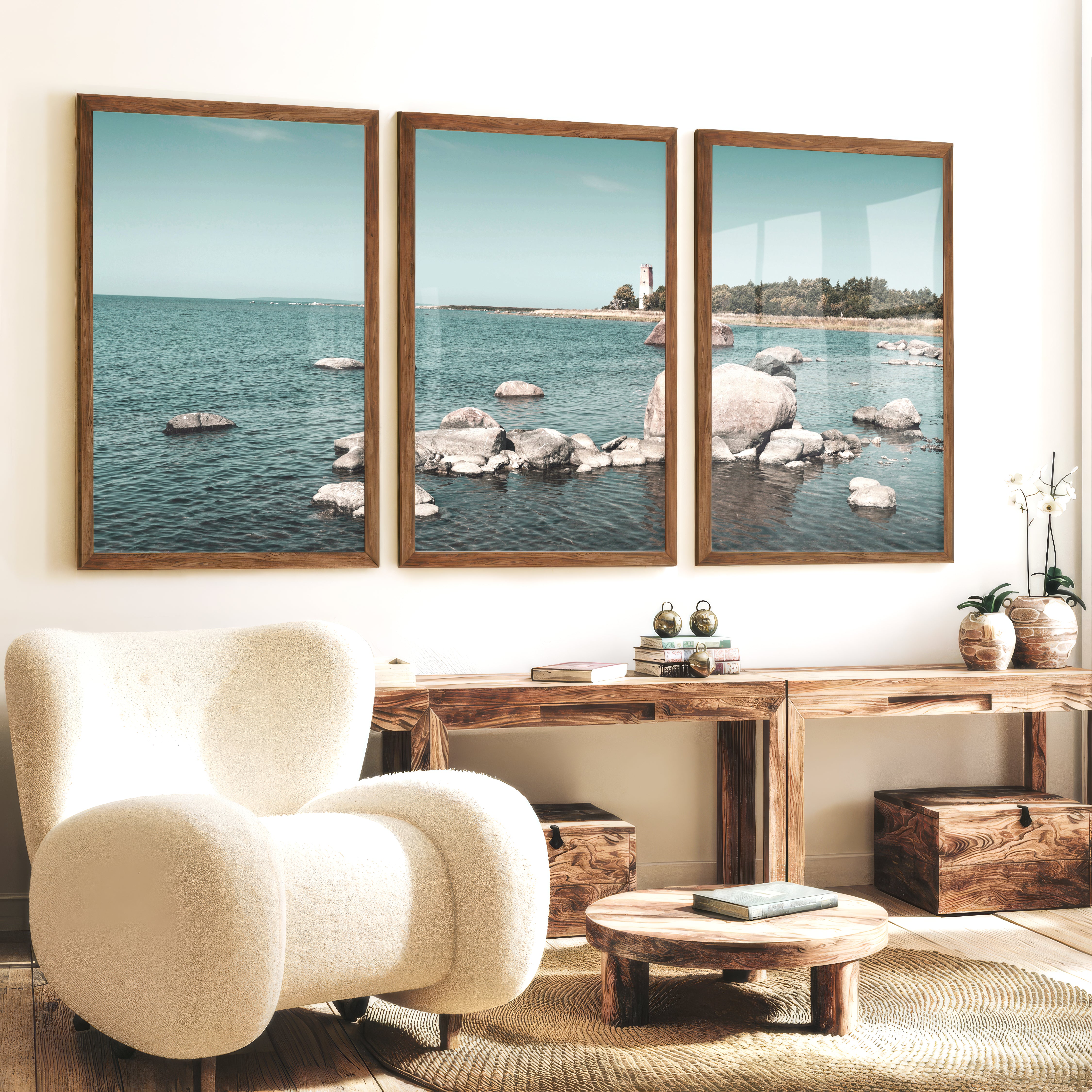 Lighthouse Shore nautical artwork for wall with Coastal Rocks - Dark Brown Framed Poster No Border - Artworksets