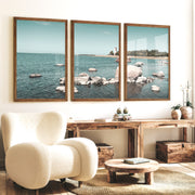 Lighthouse Shore nautical artwork for wall with Coastal Rocks - Dark Brown Framed Poster No Border - Artworksets