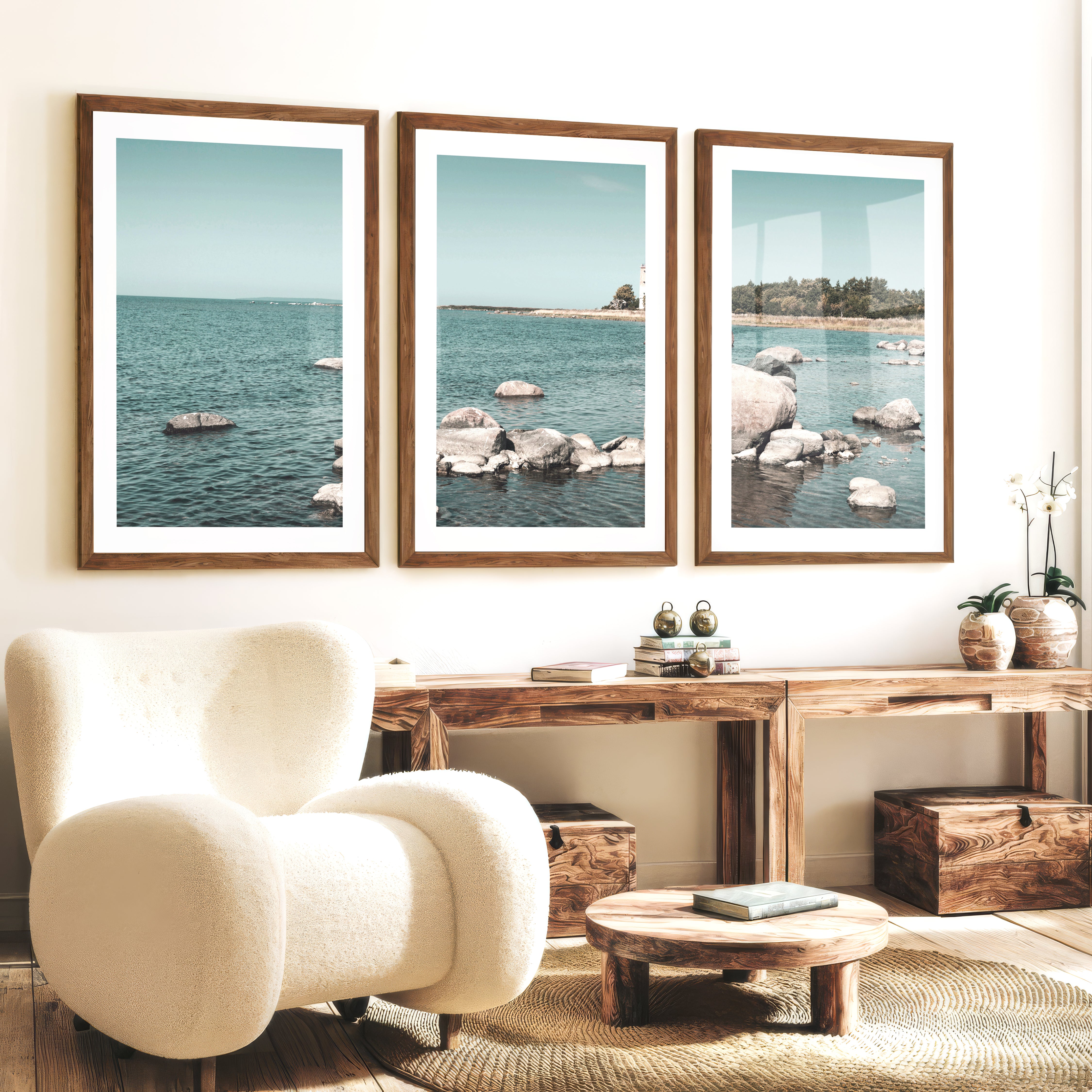 Lighthouse Shore nautical artwork for wall with Coastal Rocks - Dark Brown Framed Poster with White Border - Artworksets