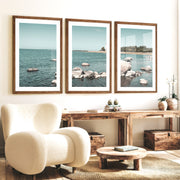 Lighthouse Shore nautical artwork for wall with Coastal Rocks - Dark Brown Framed Poster with White Border - Artworksets