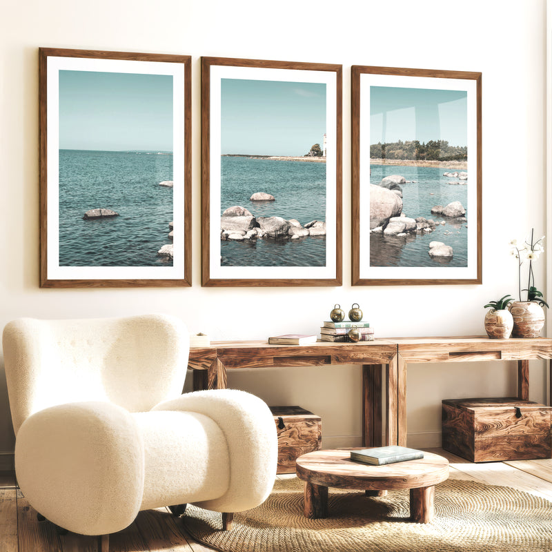 Lighthouse Shore nautical artwork for wall with Coastal Rocks - Dark Brown Framed Poster with White Border - Artworksets