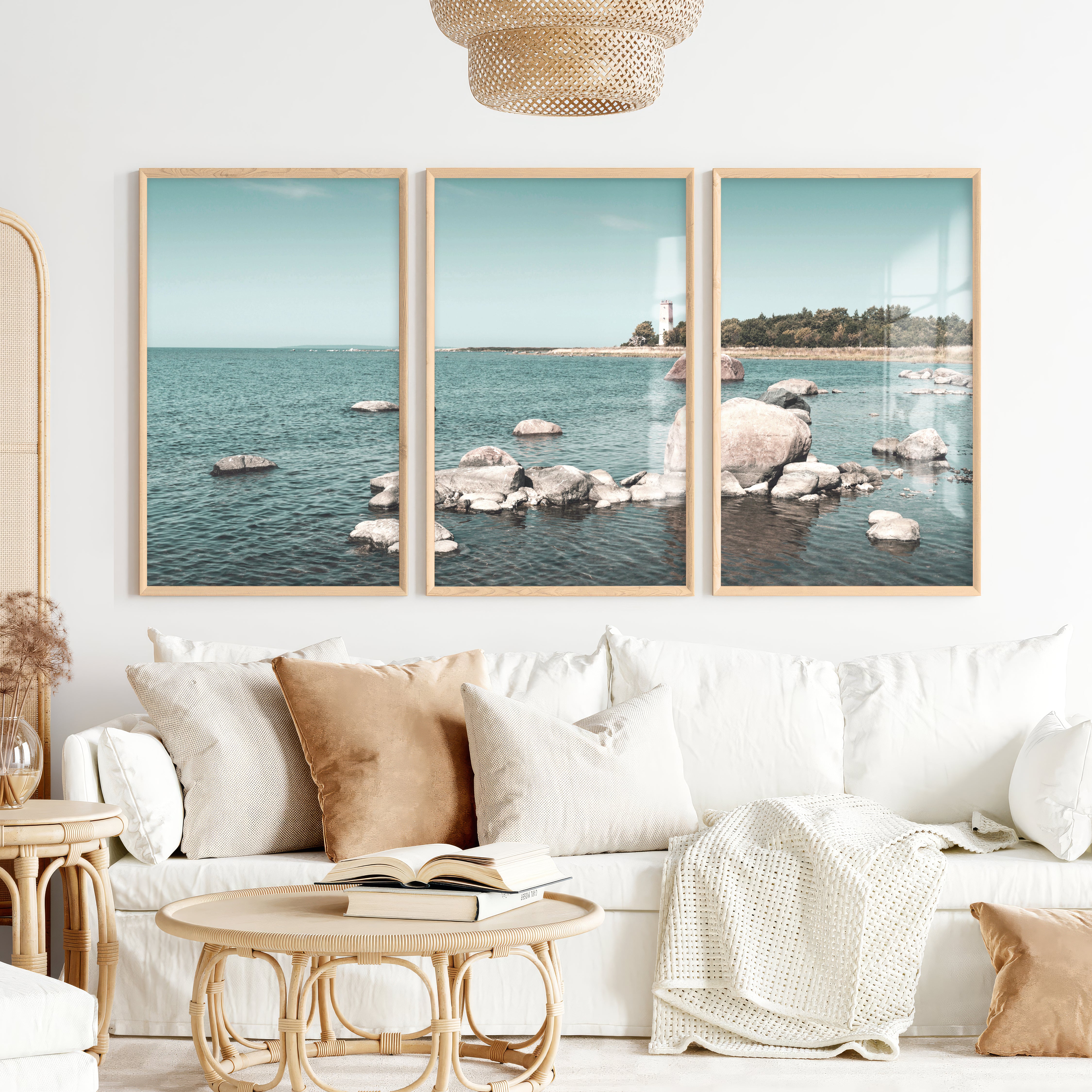 Lighthouse Shore nautical artwork for wall with Coastal Rocks - Natural Wood Framed Poster No Border - Artworksets