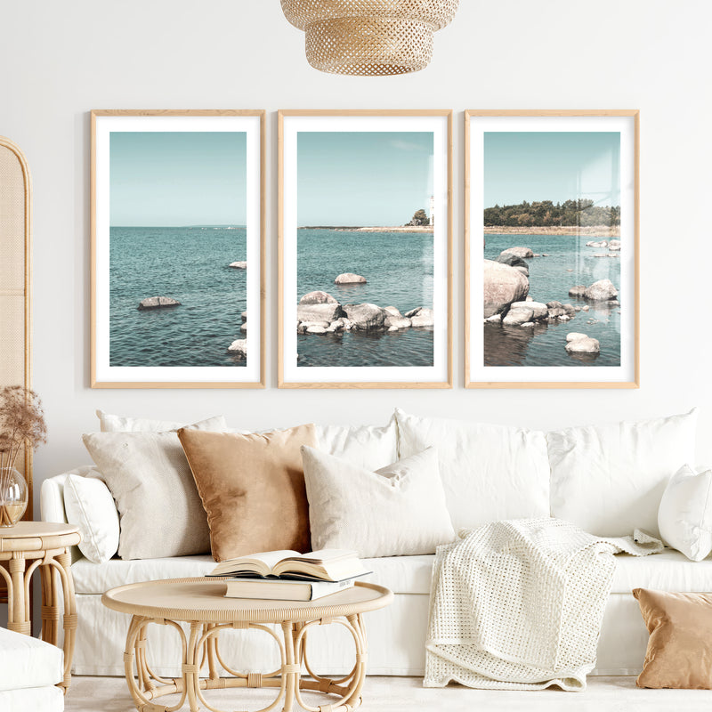 Lighthouse Shore nautical artwork for wall with Coastal Rocks- Natural Wood Framed Poster with White Border - Artworksets