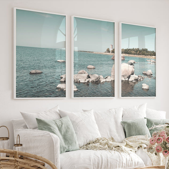 Lighthouse Shore nautical artwork for wall with Coastal Rocks - White Framed Poster No Border - Artworksets