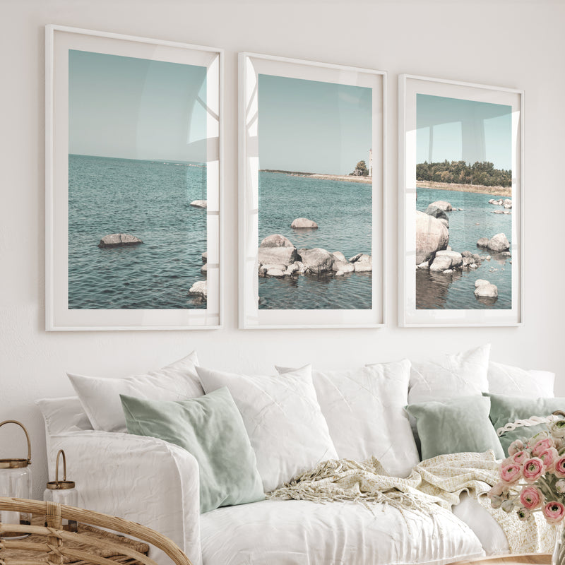Lighthouse Shore nautical artwork for wall with Coastal Rocks - White Framed Poster with White Border - Artworksets