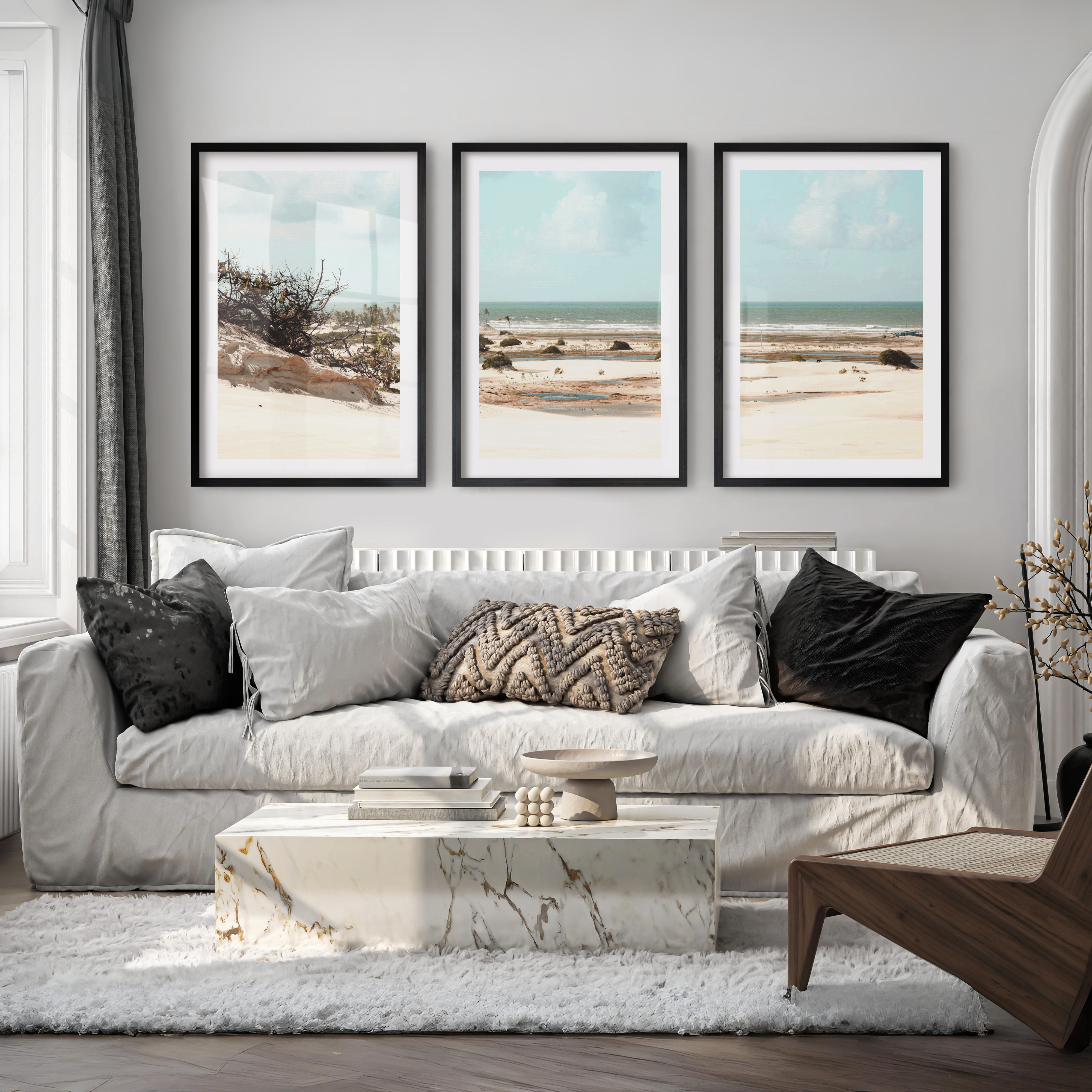 Dune Coast nautical beach wall art with Palm Lagoon - Black Framed Poster with White Border - Artworksets
