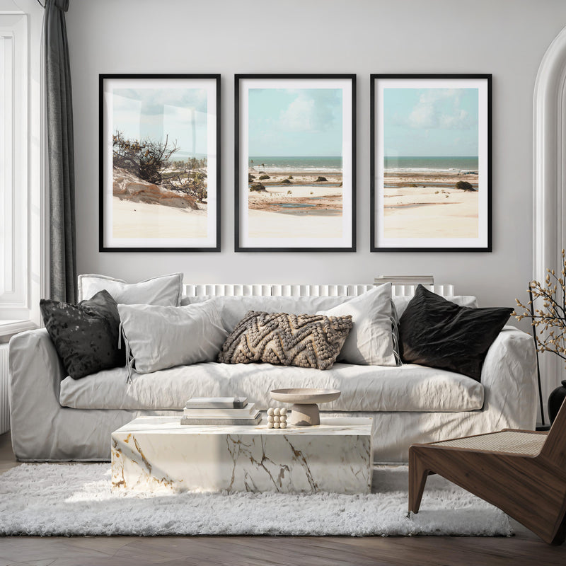 Dune Coast nautical beach wall art with Palm Lagoon - Black Framed Poster with White Border - Artworksets