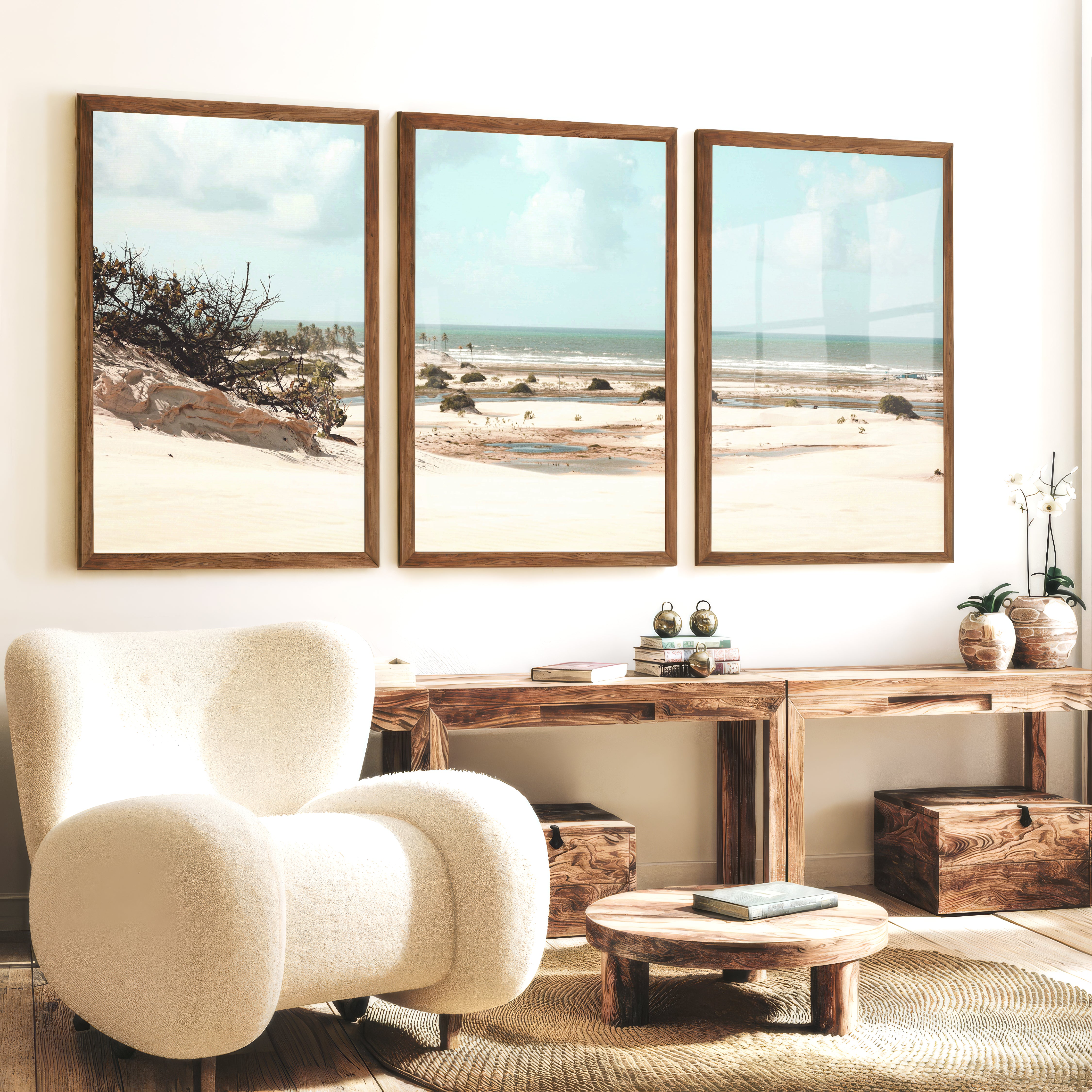 Dune Coast nautical beach wall art with Palm Lagoon - Dark Brown Framed Poster No Border - Artworksets