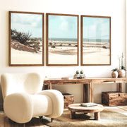 Dune Coast nautical beach wall art with Palm Lagoon - Dark Brown Framed Poster No Border - Artworksets
