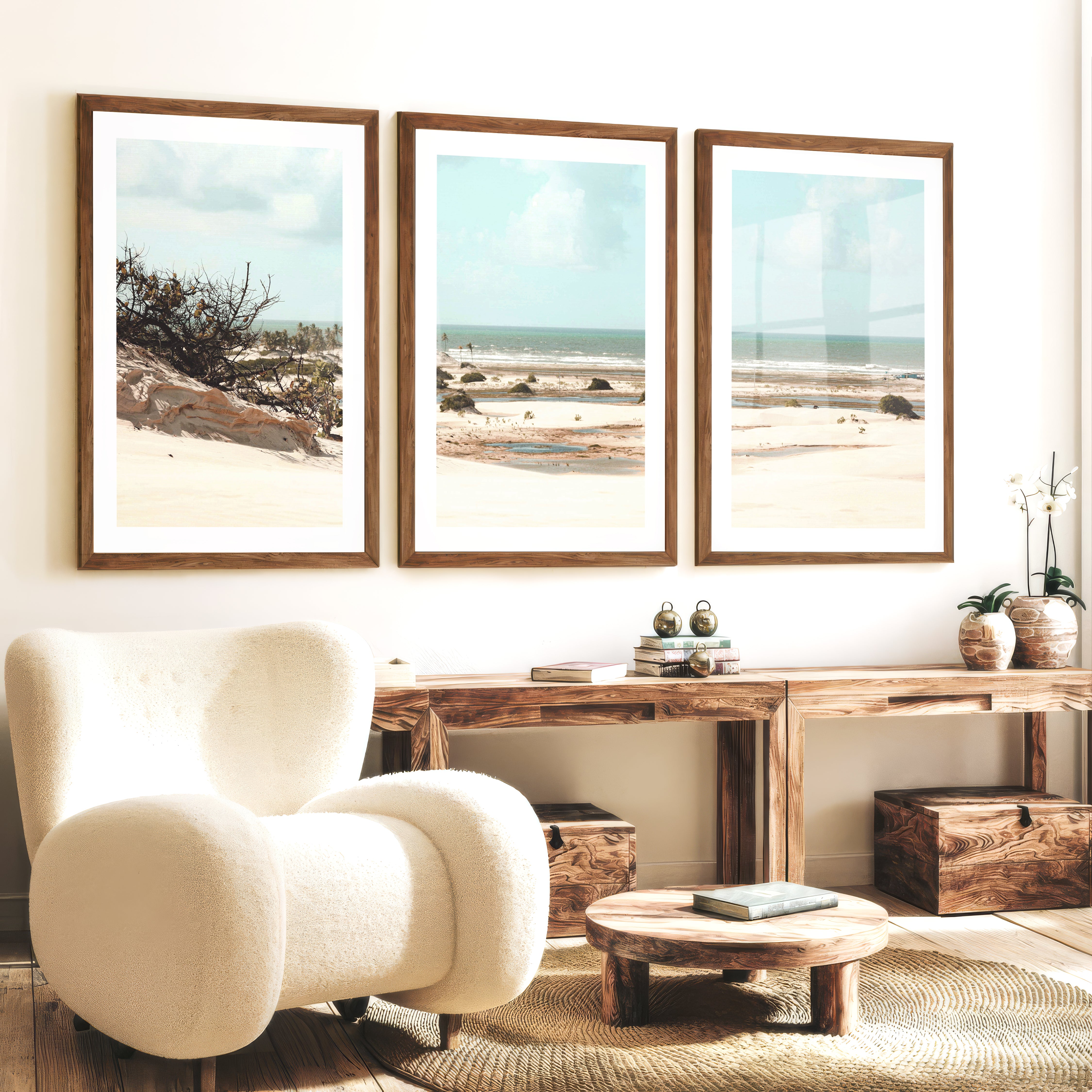 Dune Coast nautical beach wall art with Palm Lagoon - Dark Brown Framed Poster with White Border - Artworksets