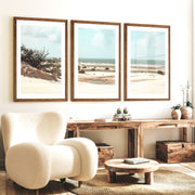 Dune Coast nautical beach wall art with Palm Lagoon - Dark Brown Framed Poster with White Border - Artworksets